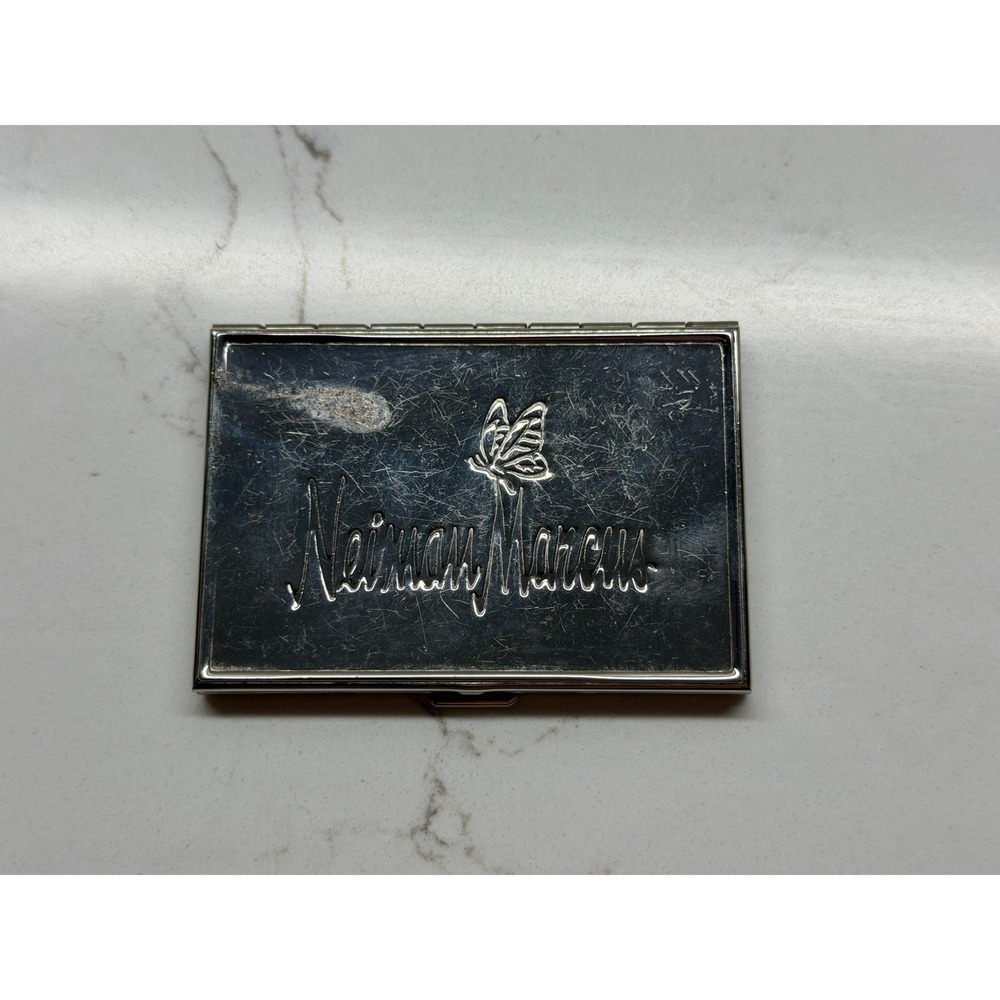 Neiman Marcus Vintage Silver Tone Butterfly‎ Logo  Double Compact Mirror